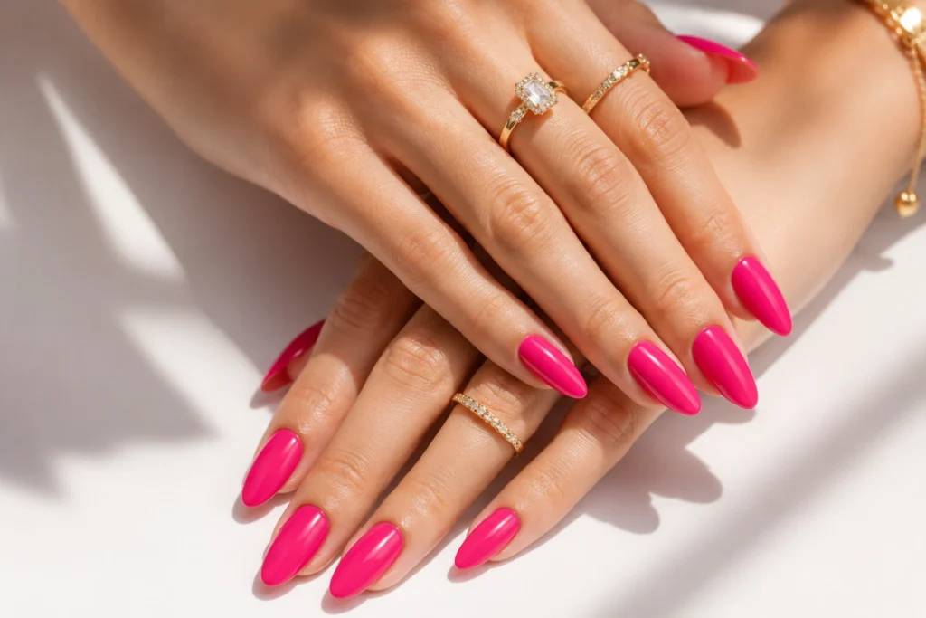 Hot pink summer nails 2026 on almond-shaped glossy nails