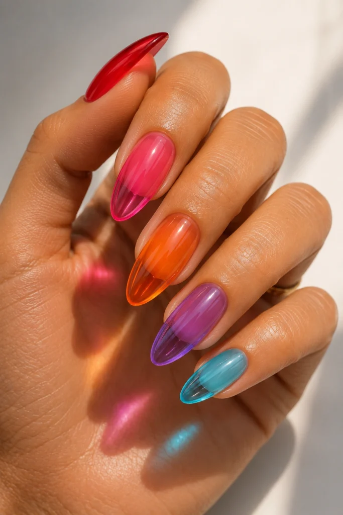 Jelly nail colors with a glossy translucent summer finish