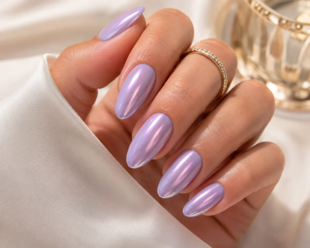 Lavender chrome nails with glossy shine
