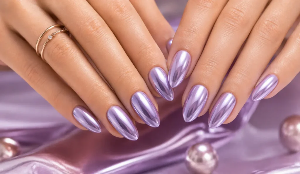 Lavender chrome nails with pearl shimmer for summer 2026