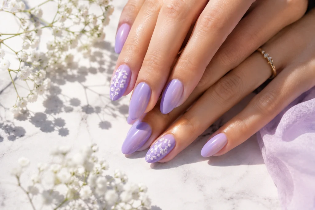 Lavender summer nail color with floral nail art.