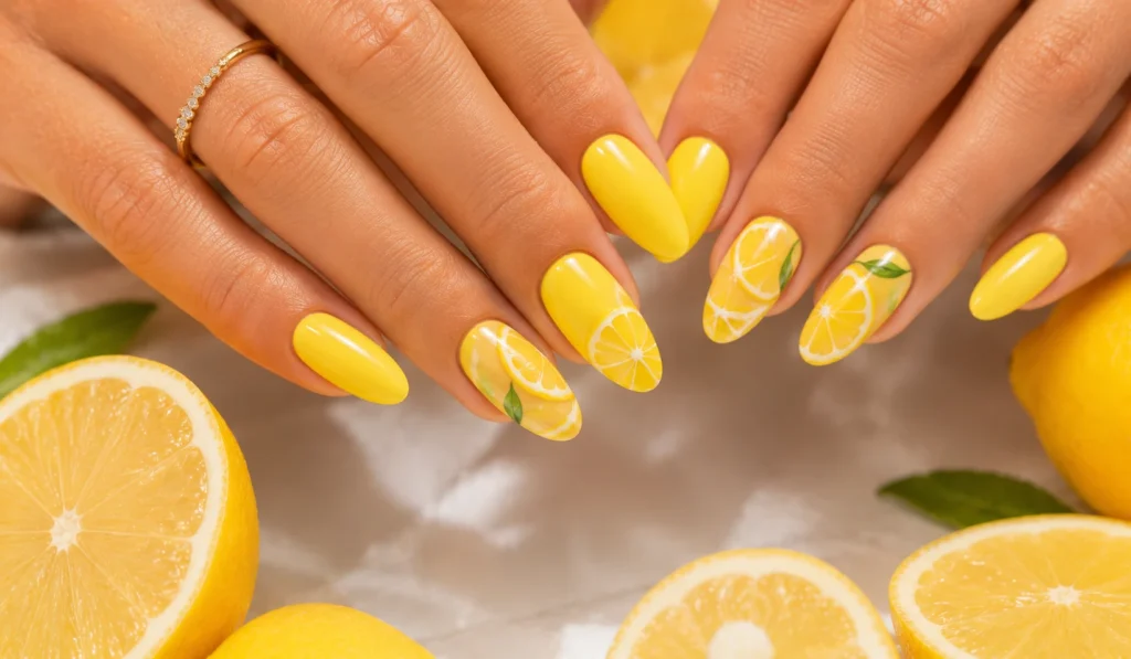 Lemon-inspired yellow summer nails with citrus nail art