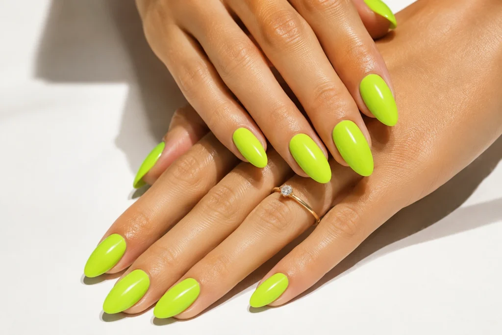Lime green bright summer nails 2026 with glossy finish.