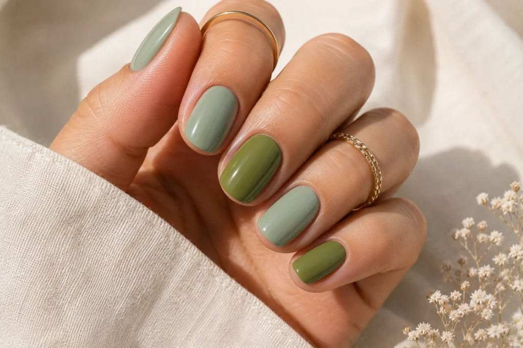 Matcha green and sage summer nails for a classy modern manicure