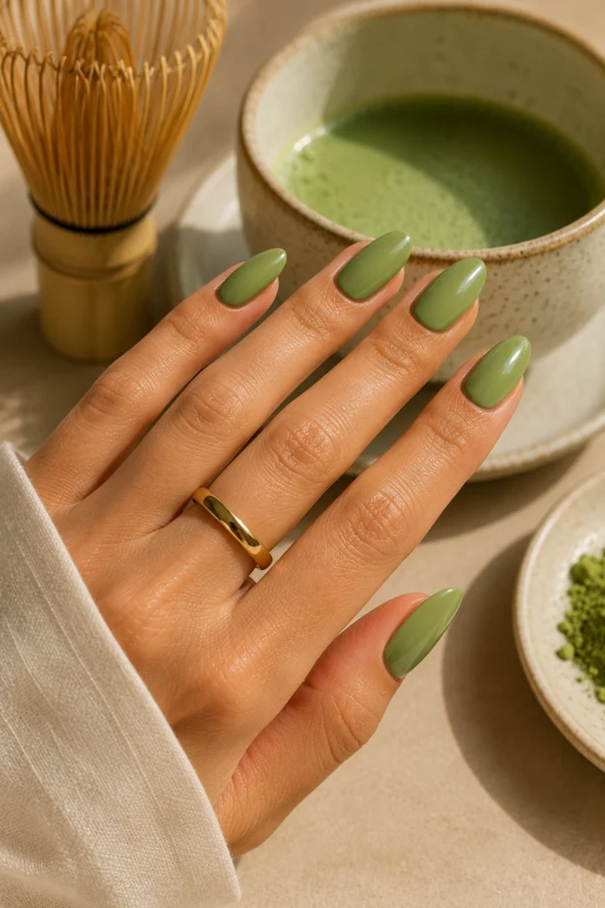 Matcha green summer nails with a modern glossy finish
