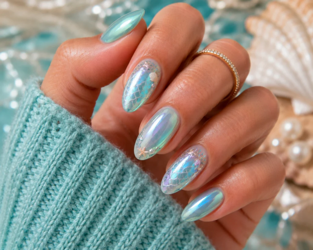Mermaid chrome nails with iridescent shimmer