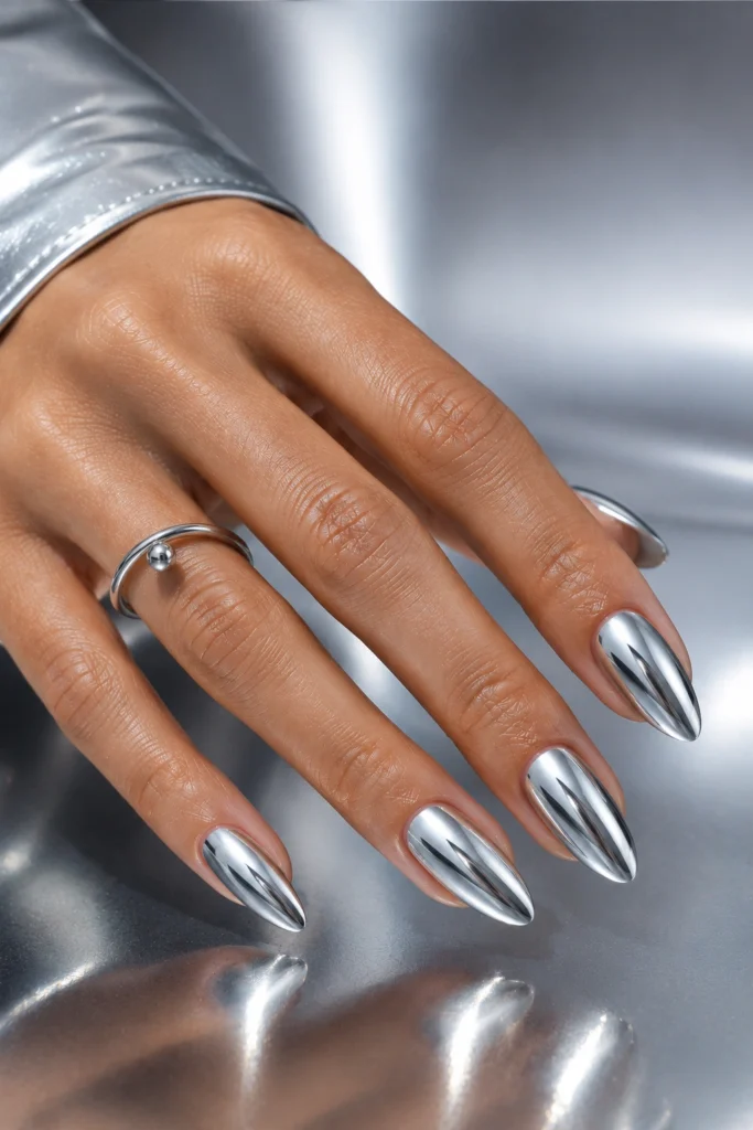 Metallic silver chrome nails for summer 2026