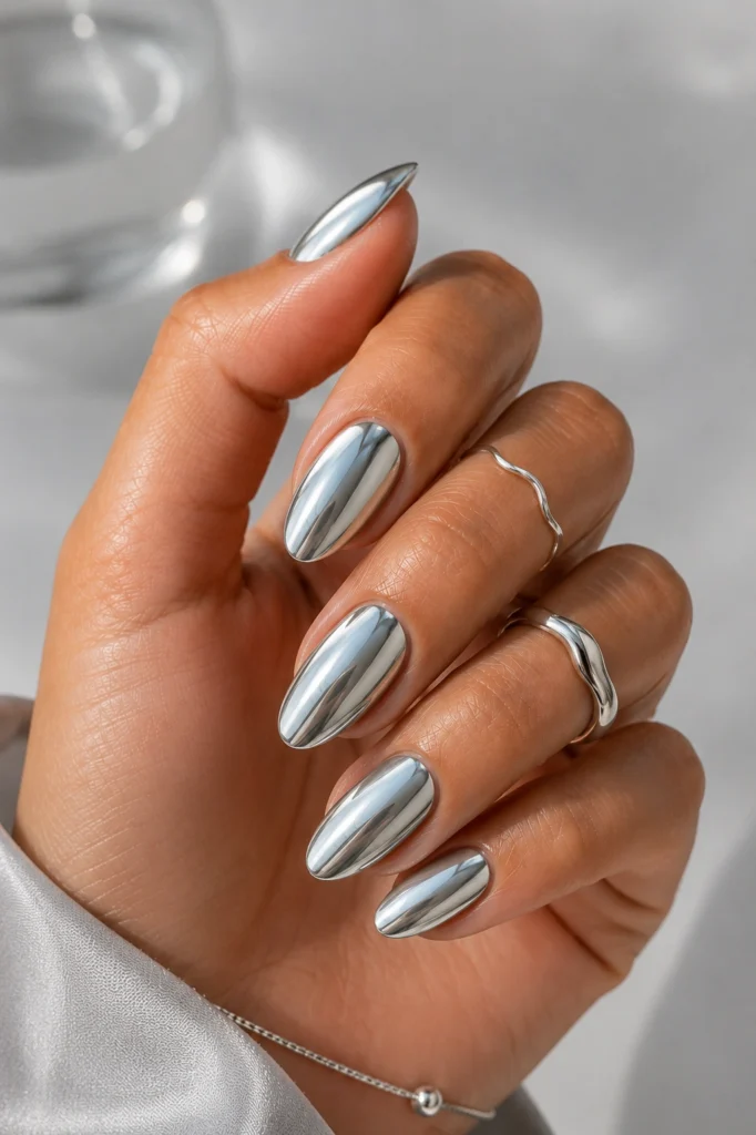 Metallic silver chrome summer nails 2026 with mirror finish