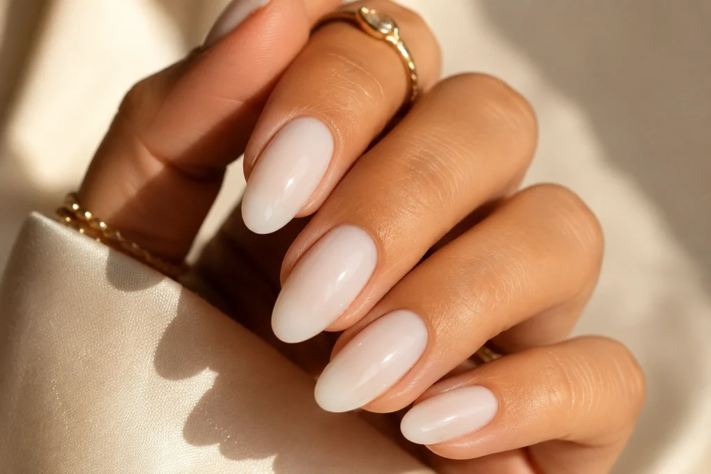 Milky white classy summer nails with an elegant glossy finish