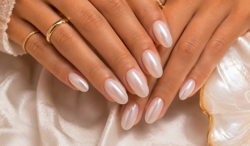 Milky white glazed pearl nails with glossy finish.