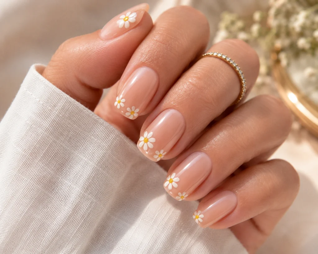 Minimal daisy flower nail art on nude nails