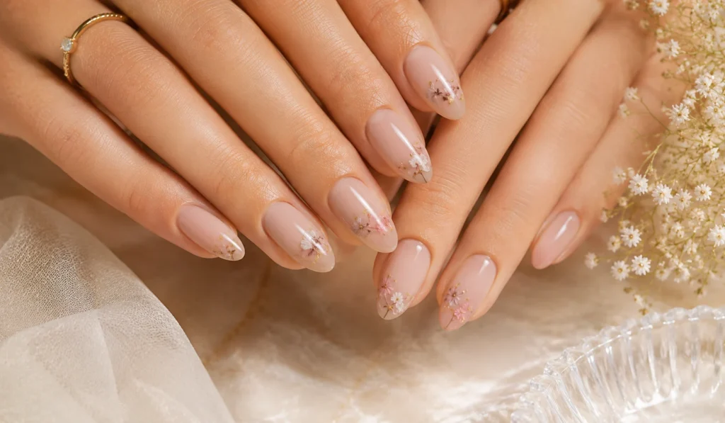 Minimalist nude summer nails with tiny floral accents.