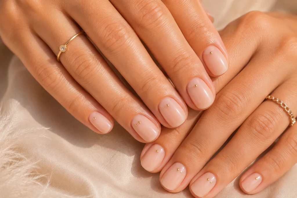 Minimalist short summer nails with glossy nude finish