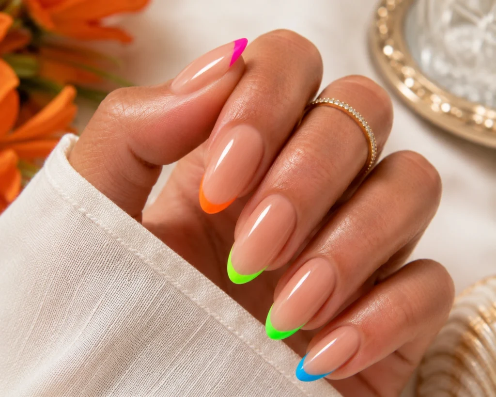 Neon French tip manicure with colorful edges