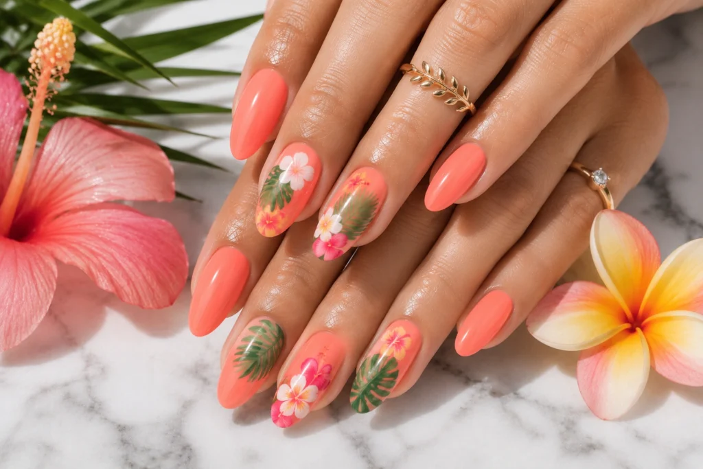 Neon peach bright summer nail color trend.