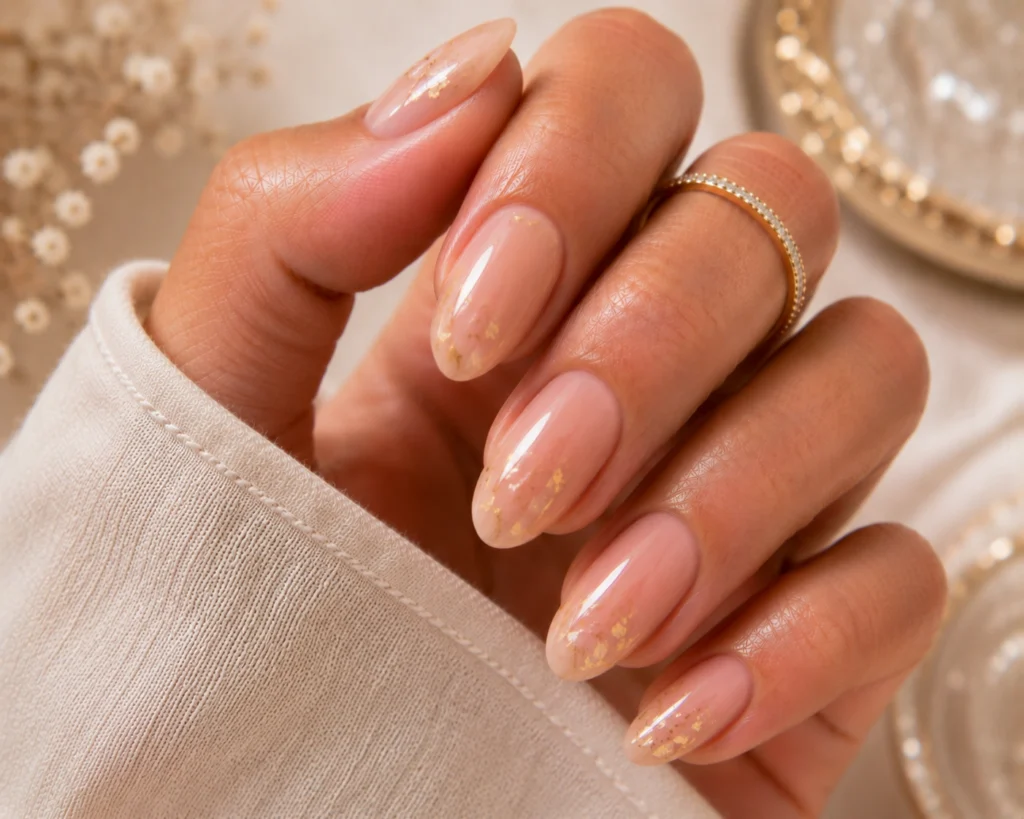 Nude nails with luxury gold foil accents