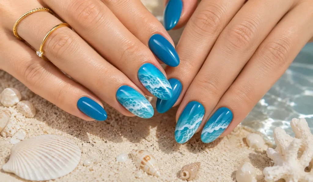 Ocean blue beach nails with realistic wave nail art for summer