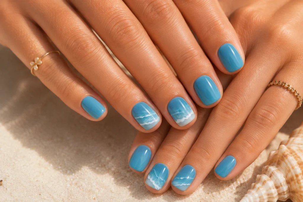 Ocean blue short nails with beach-inspired nail art