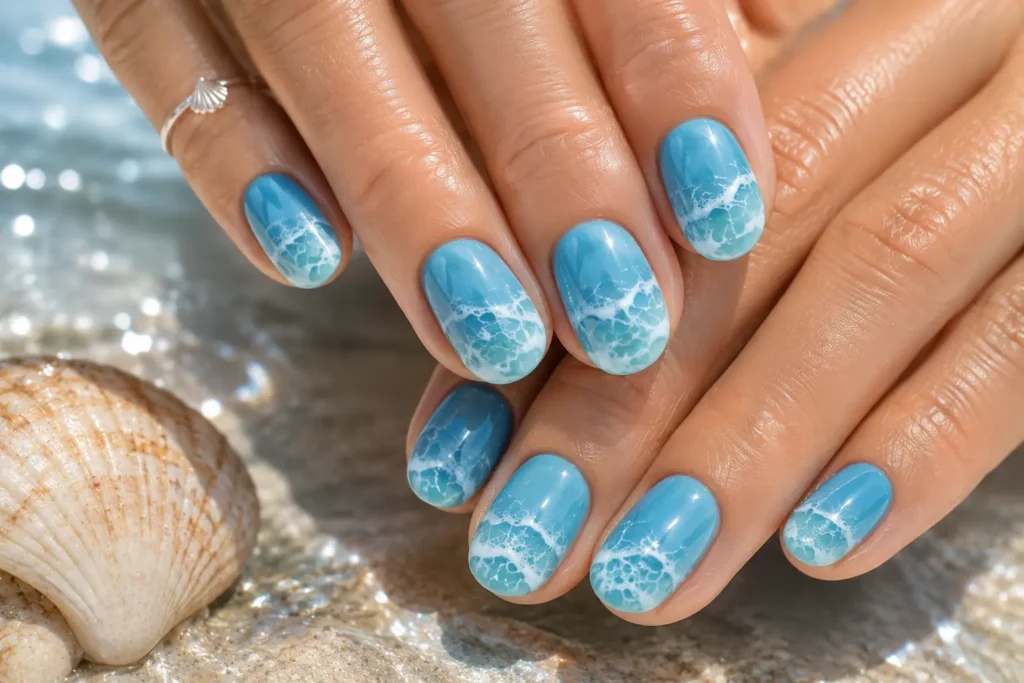 Ocean blue summer nails with wave nail art.