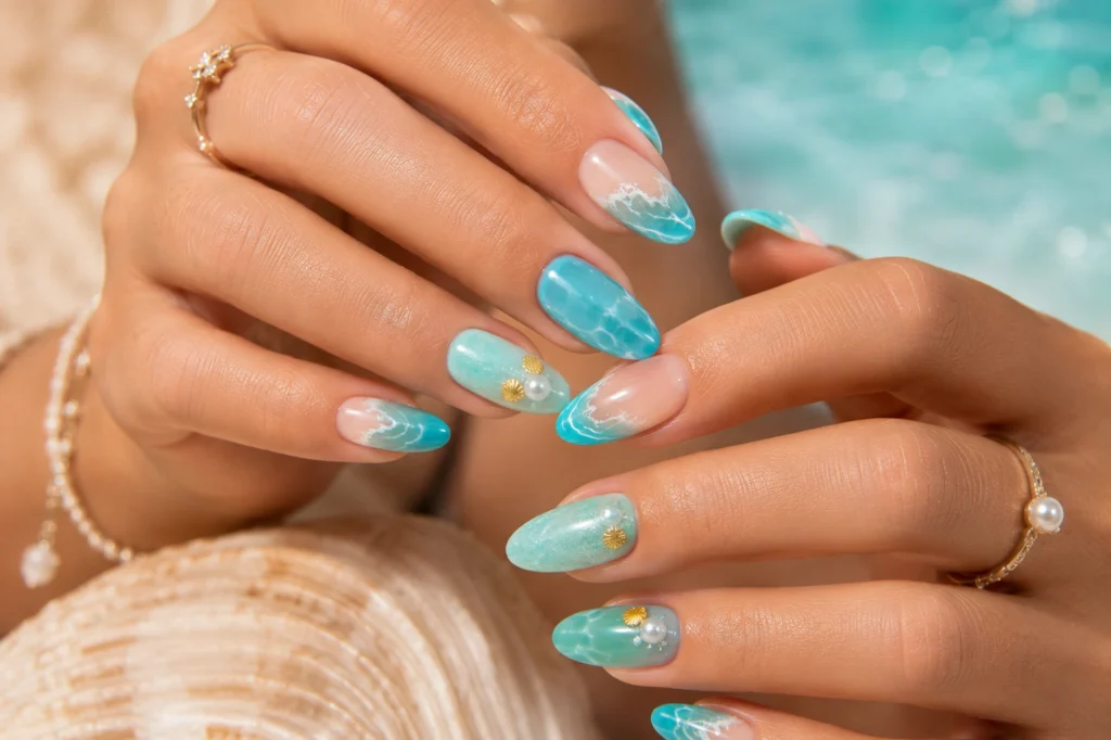 Ocean-inspired blue summer nail designs 2026