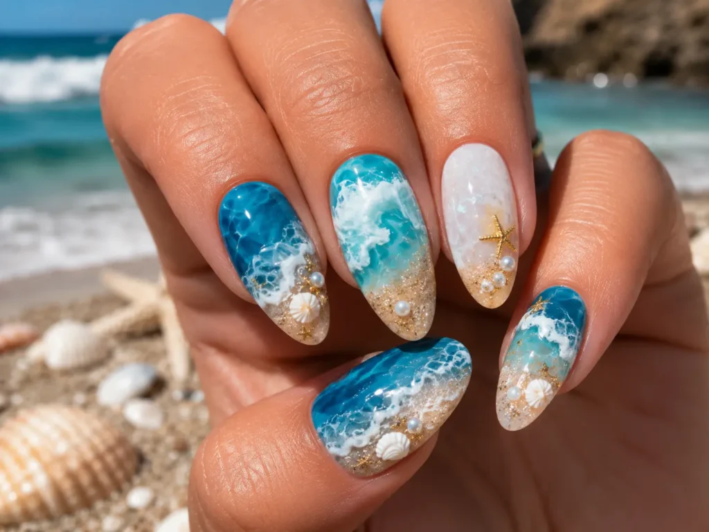 Ocean-inspired blue wave nail design for summer