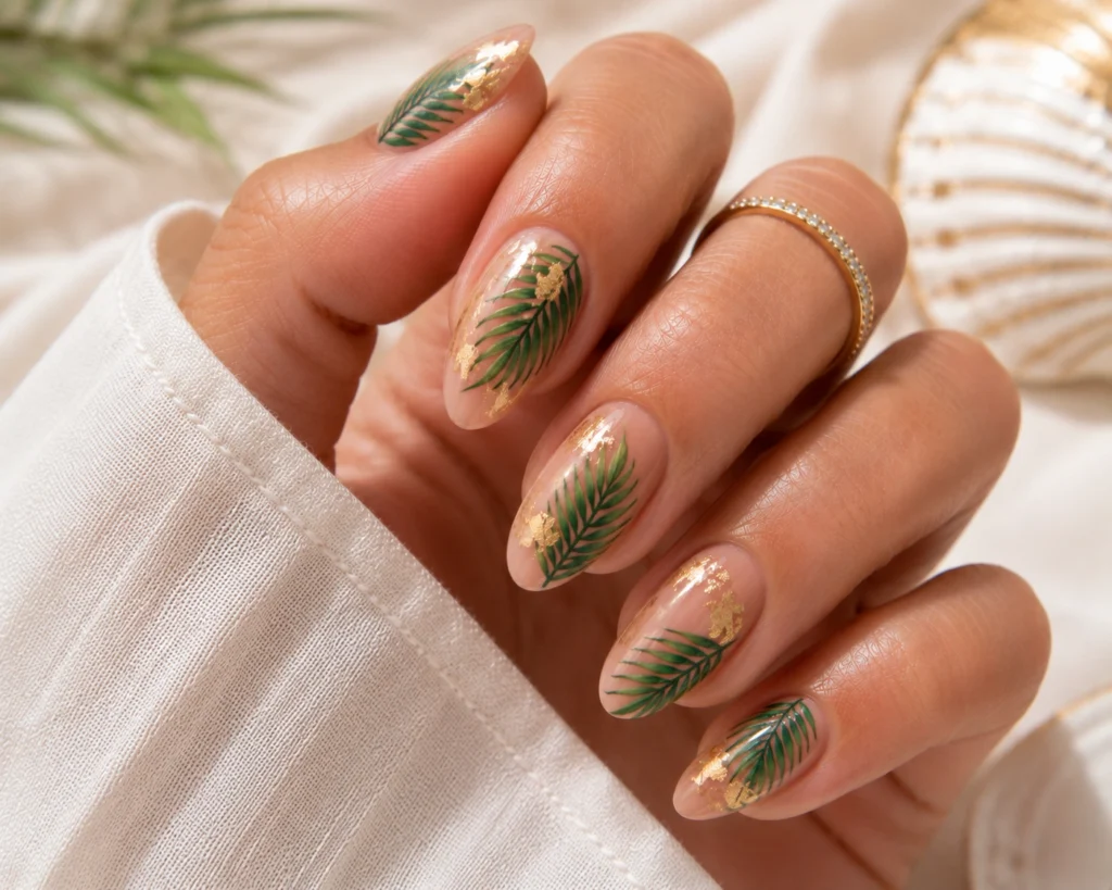 Palm leaf nail art with tropical summer design
