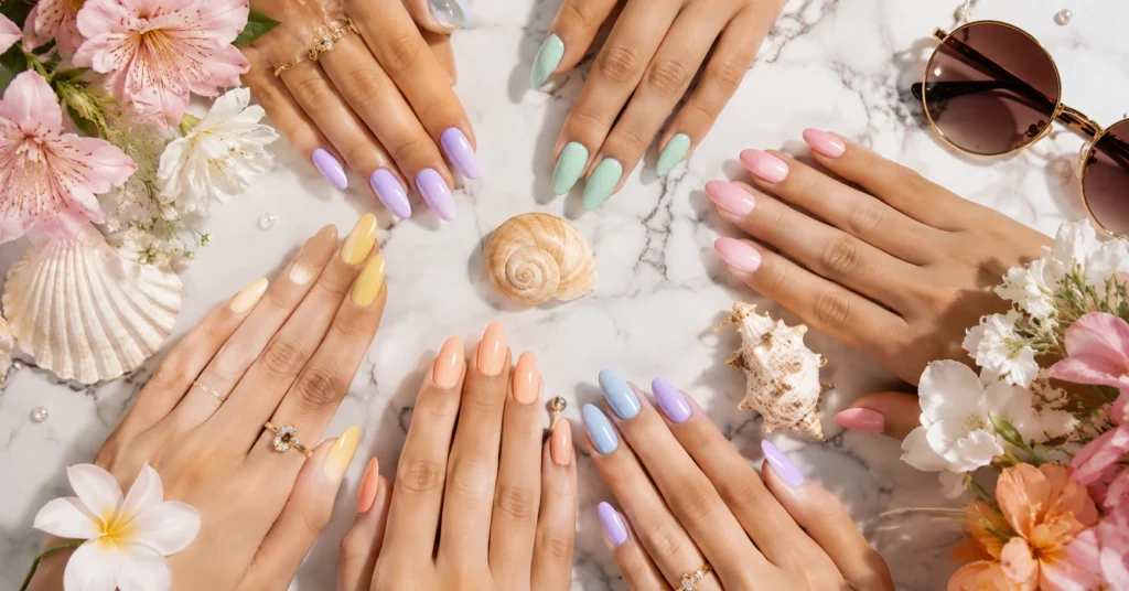 Pastel Summer Nail Colors 2026 featuring butter yellow, lavender, mint green, peach, baby pink, and powder blue nails.