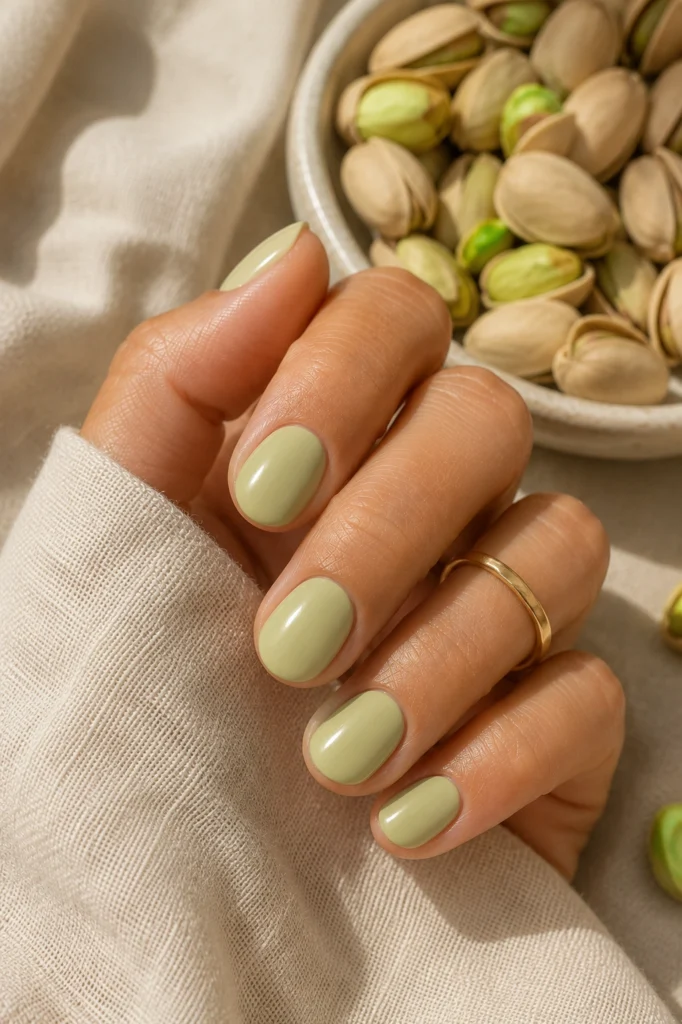 Pastel pistachio green summer nails 2026 with glossy gel polish