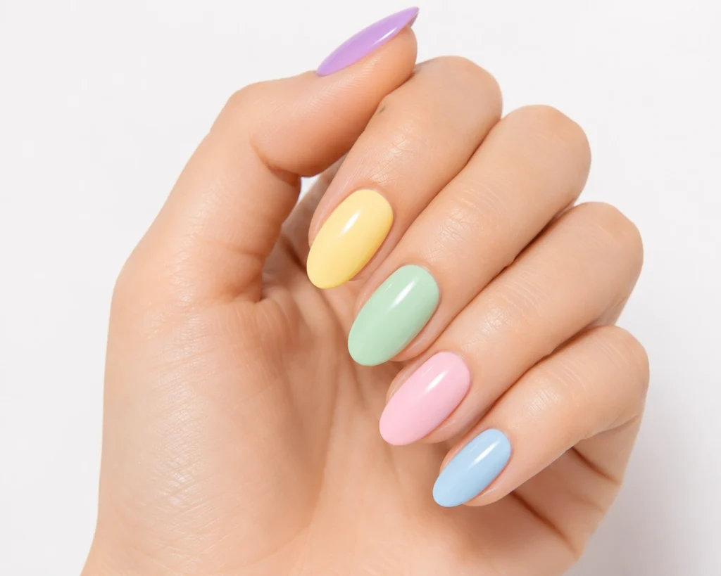 Pastel rainbow nail colors for summer 2026.