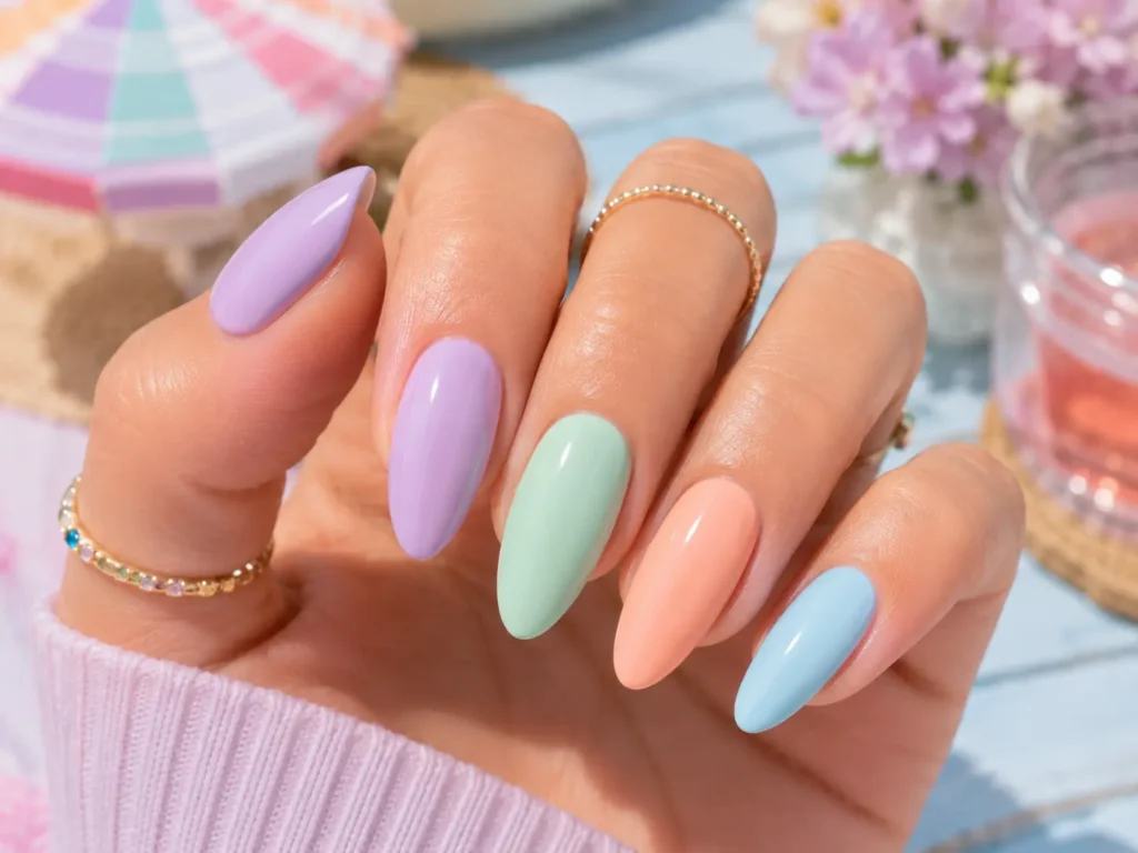 Pastel rainbow nails trending for summer 2026