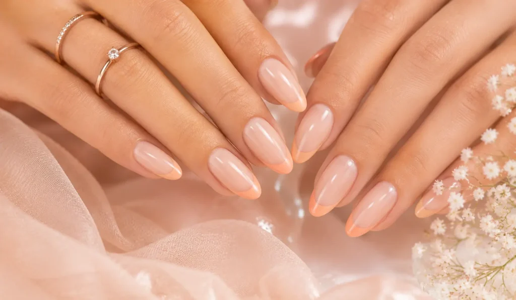 Peach French tip nails perfect for summer weddings.