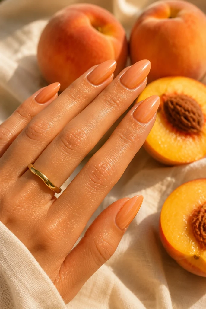 Peach and apricot summer nail colors on almond nails