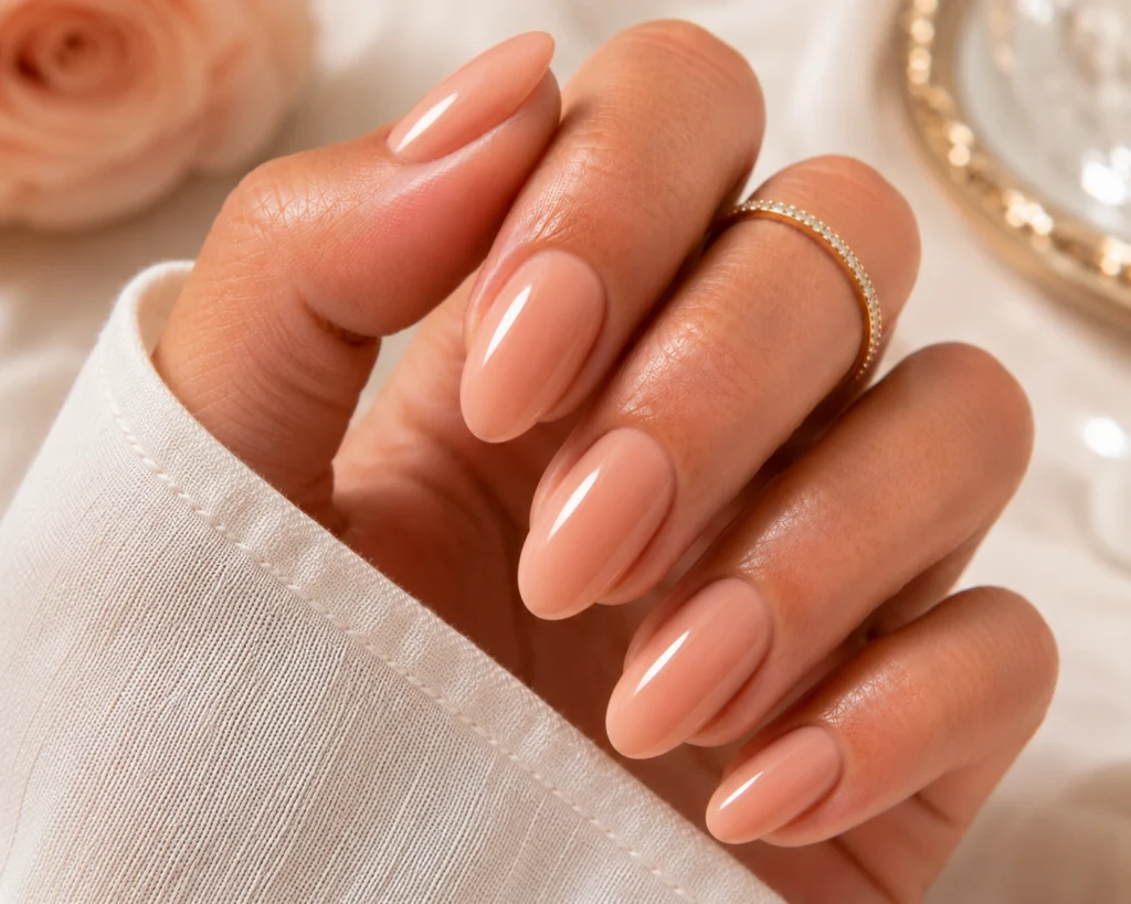 Peach nude glossy nails with elegant finish