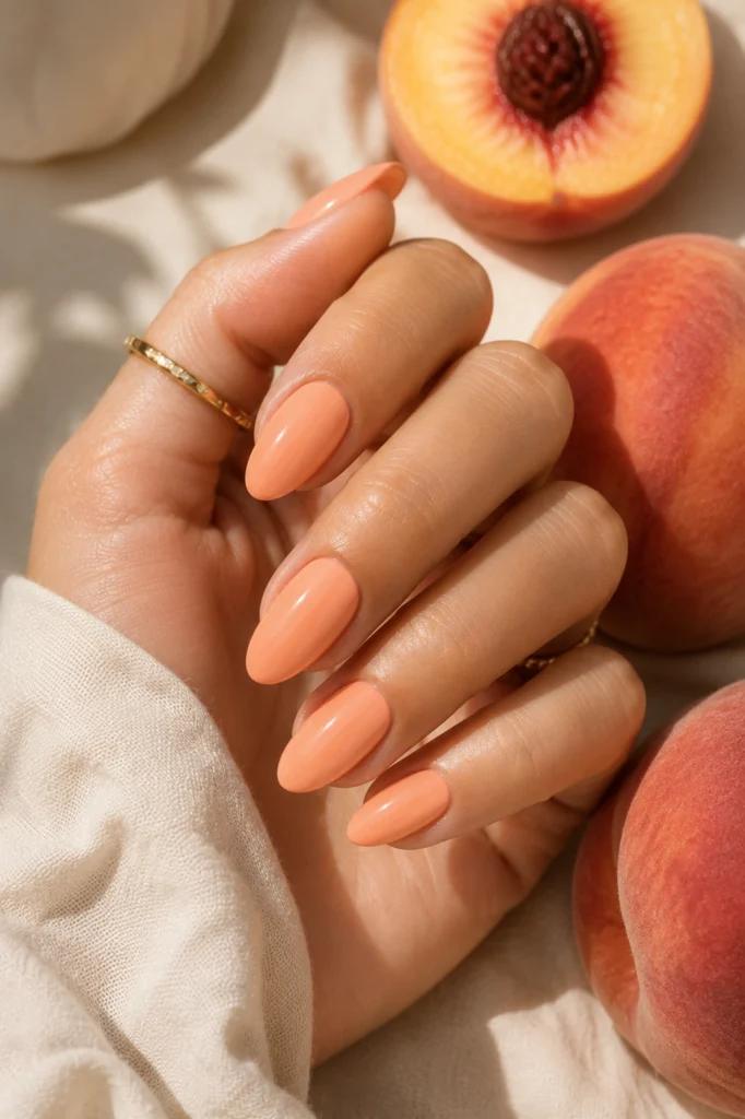 Peach sorbet summer nail color trend 2026 on almond-shaped nails