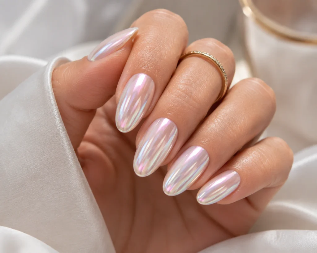 Pearl chrome glazed donut nails with glossy finish