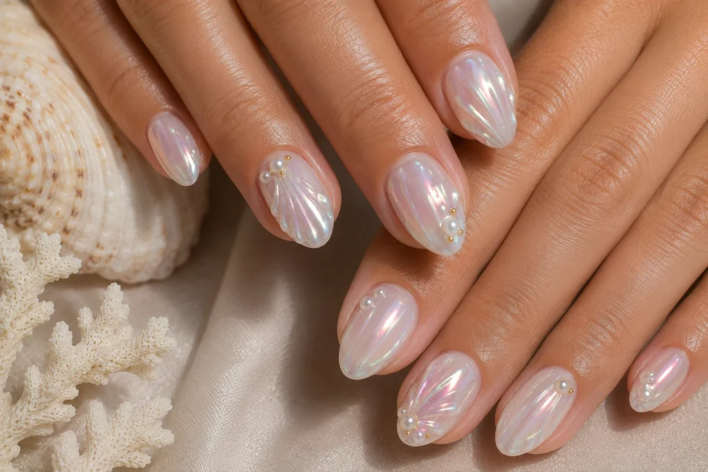 Pearl seashell nails for summer beach vacations