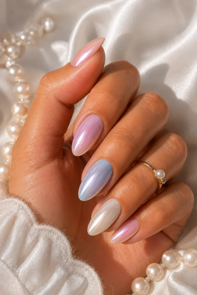 Pearlescent pastel summer nails trend 2026 with iridescent shimmer