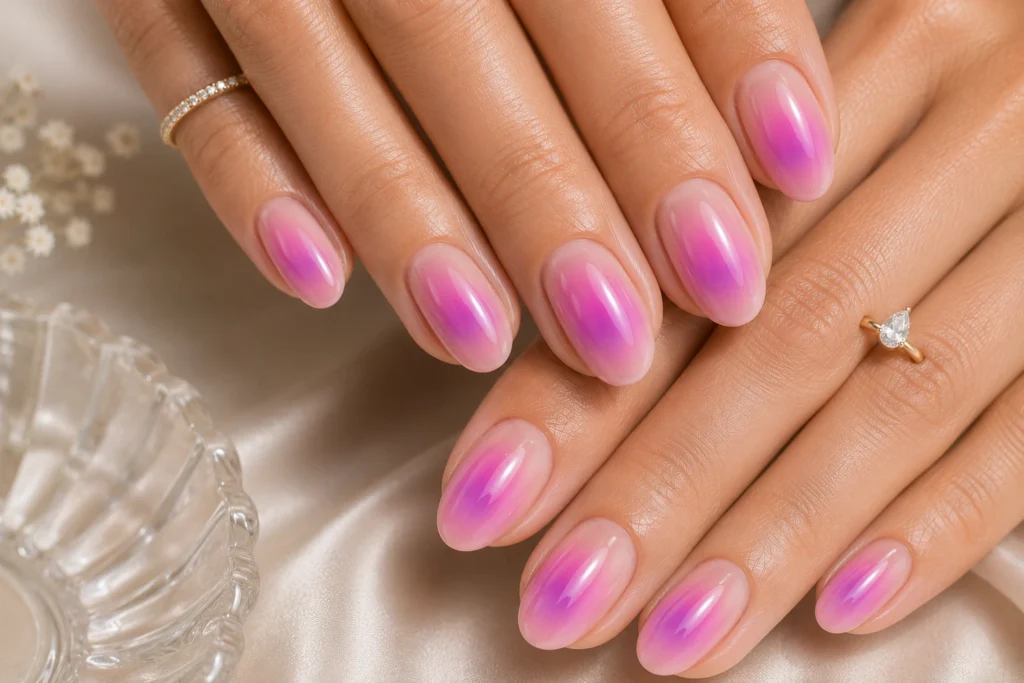 Pink and purple aura summer nails 2026.