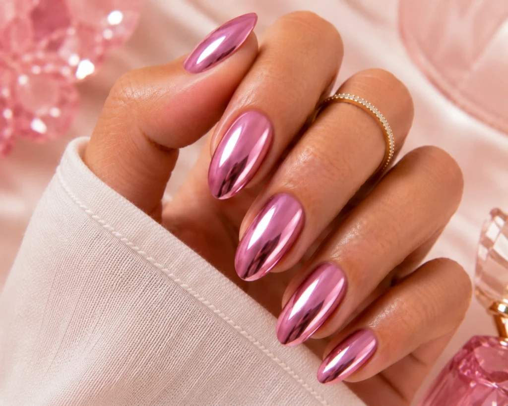 Pink chrome almond nails with reflective finish