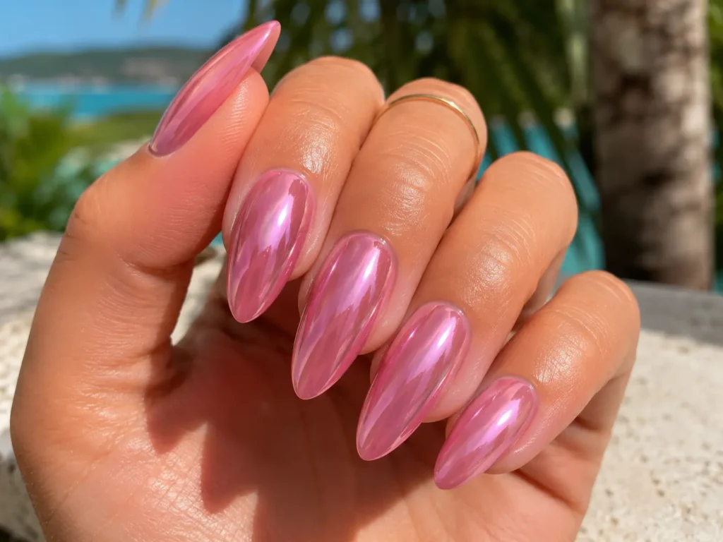 Pink chrome nails with glossy finish for summer.