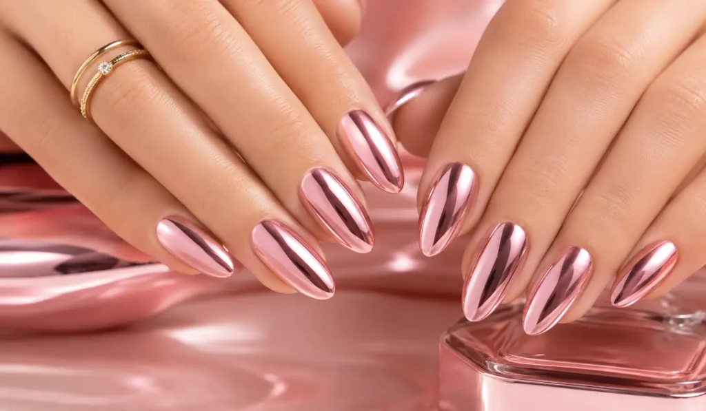 Pink chrome summer nails with glossy mirror finish
