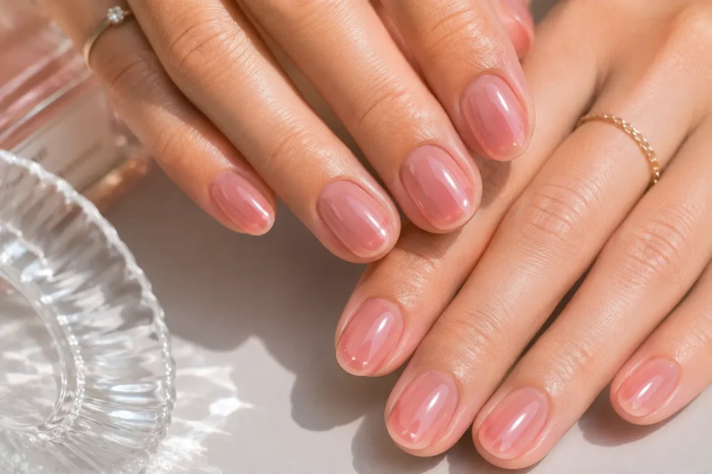 Pink jelly summer nails with glossy shine.