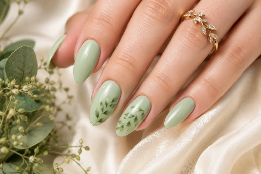 Pistachio green pastel nail trend 2026.