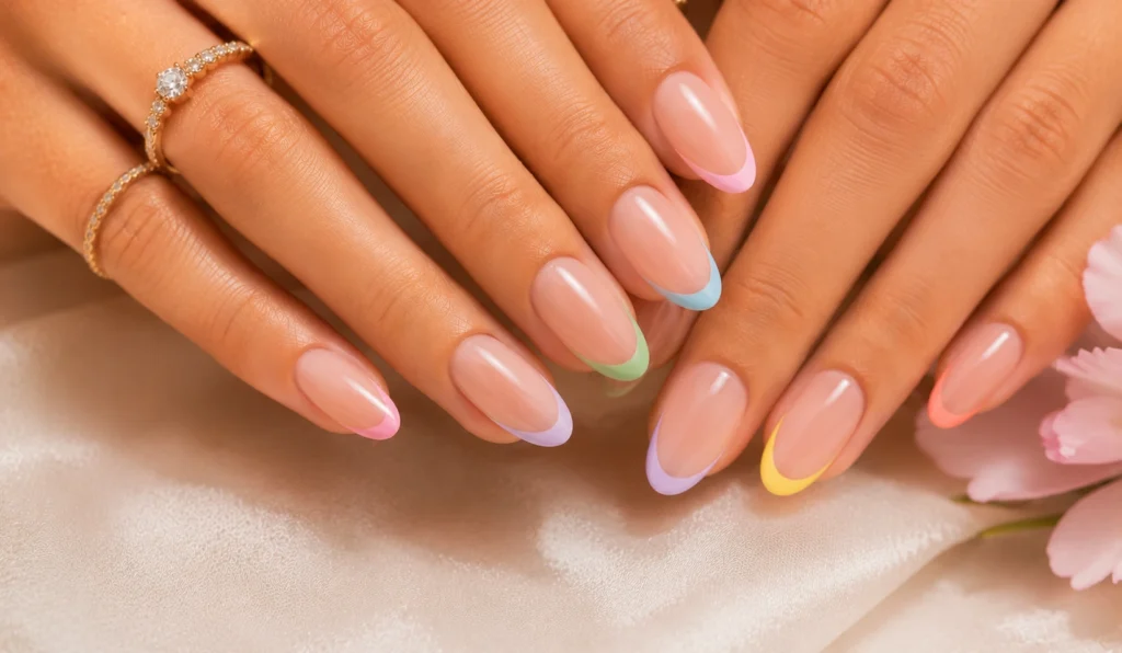 Rainbow French tip nails with colorful pastel summer design.