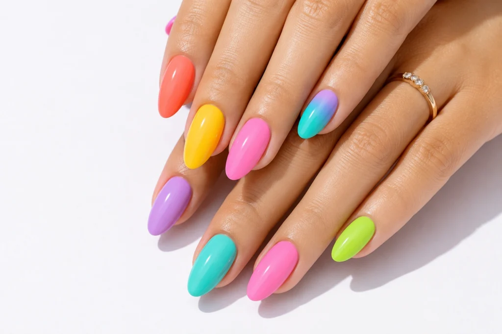 Rainbow bright summer nail colors 2026 manicure.