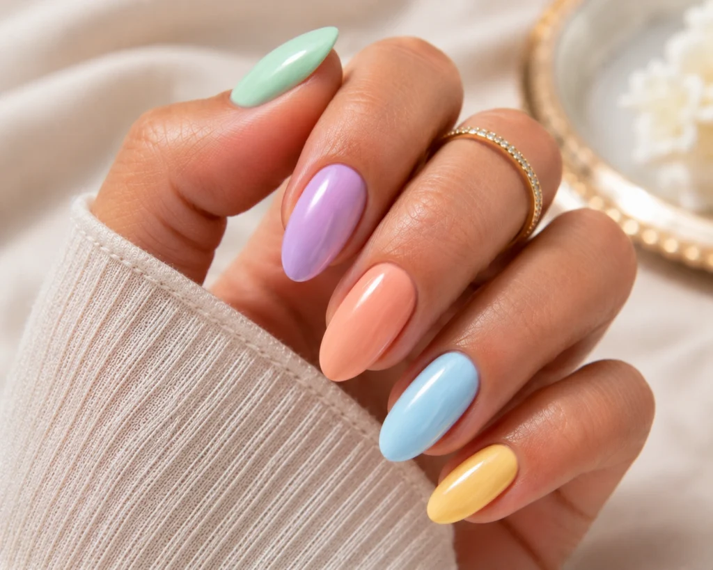 Rainbow pastel nails with colorful glossy manicure