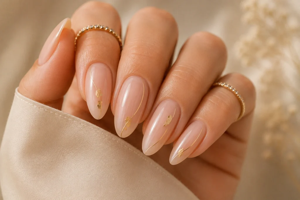 Sheer nude summer nails with elegant gold details