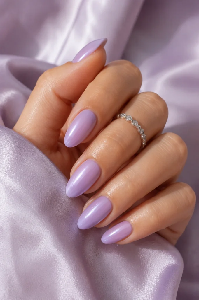 Soft lavender haze summer nails 2026 with pearlescent shine