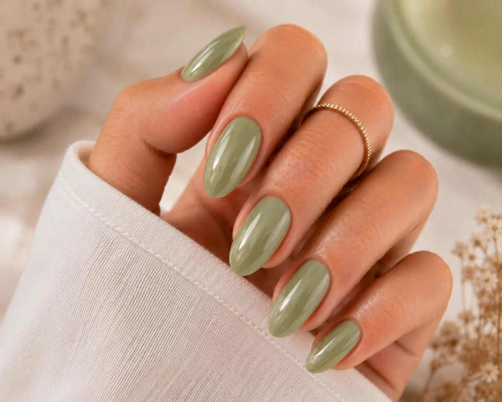 Soft matcha green glossy nails with minimalist luxury manicure, natural lighting, ultra realistic beauty photography, premium nail salon aesthetic, 8K