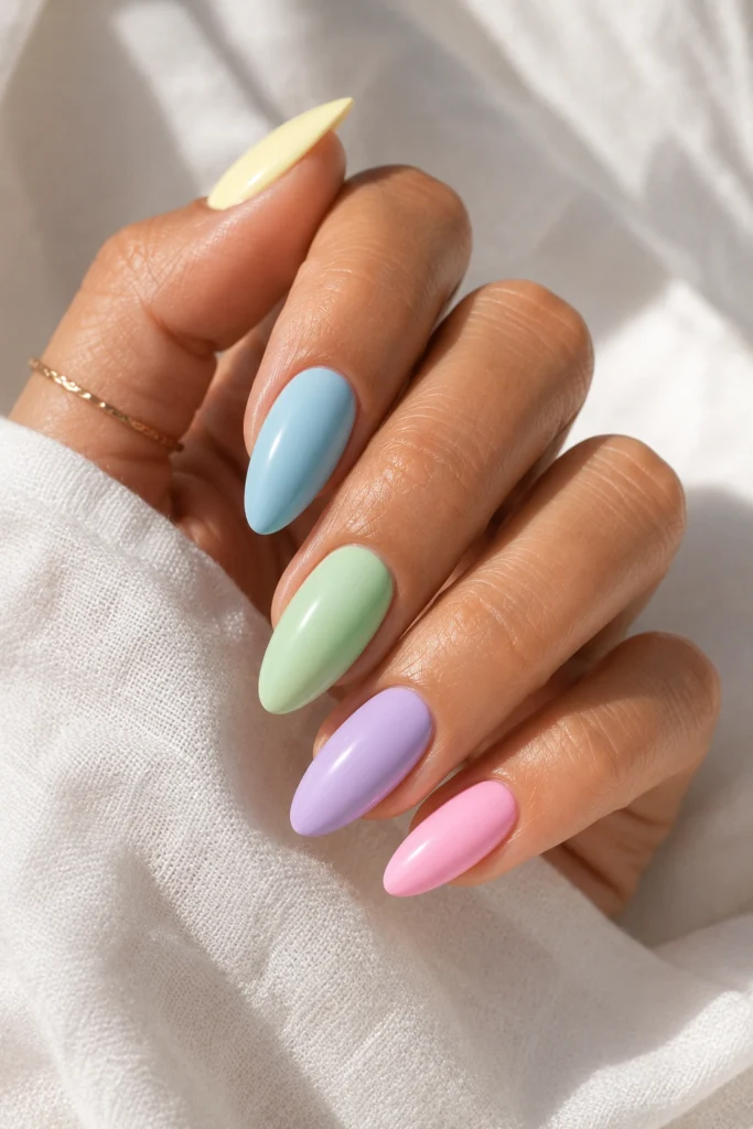 Soft pastel rainbow nails for a cute summer manicure